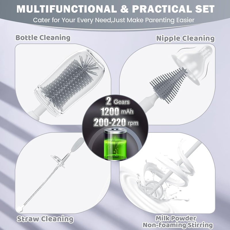 IvyWind Electric Travel Baby Bottle Brush Set with Storage Box, Automatic Bottle Cleaner Brush Kit with Silicone Bottle/Nipple/Straw Brush, Milk Frother Electric and Drainage Rack, Rechargeable, Gray - Image 3